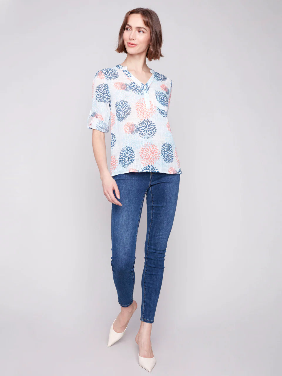 Jasmine Flower Button Down Roll Sleeve Top