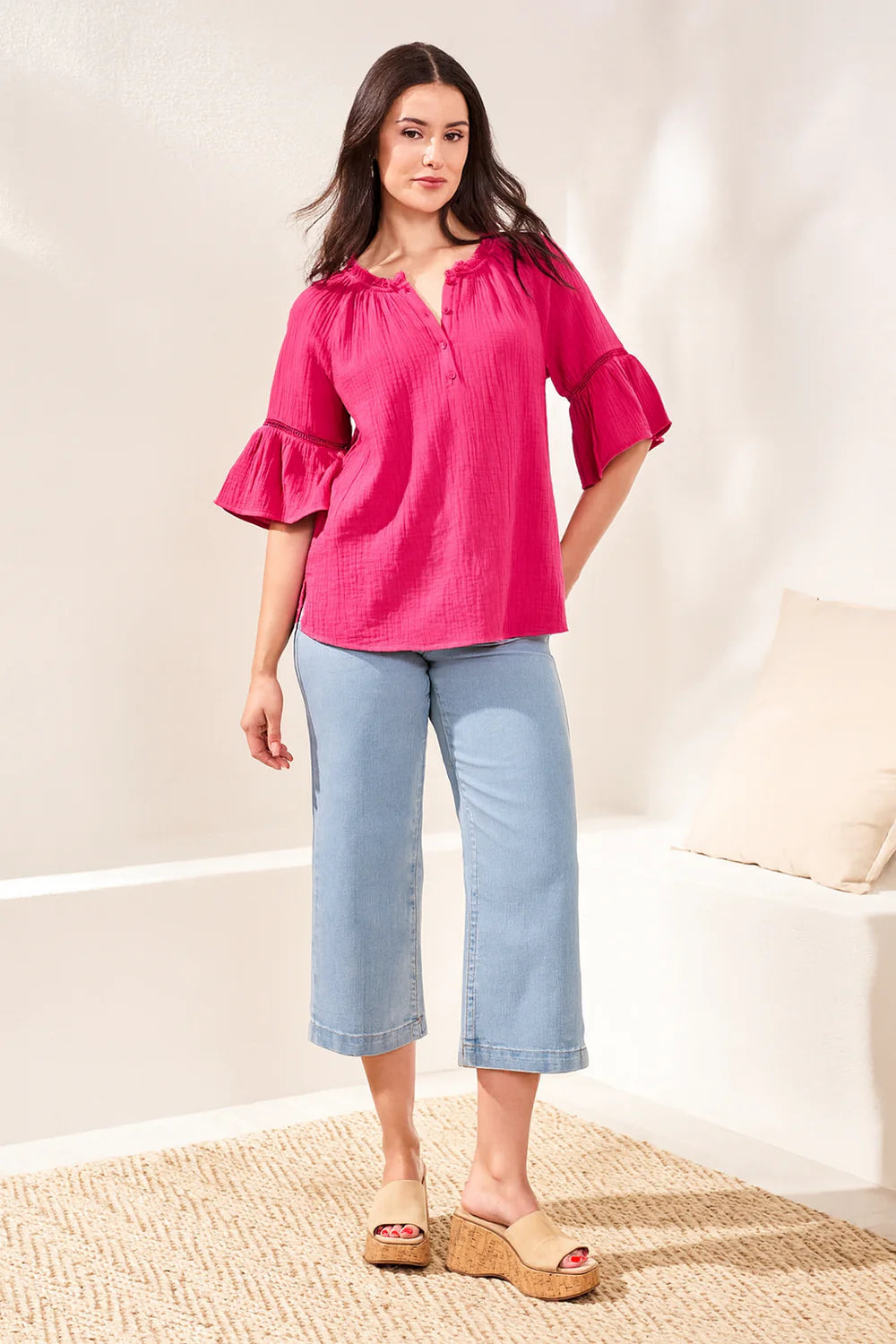 Split Neck Bell Sleeve Top