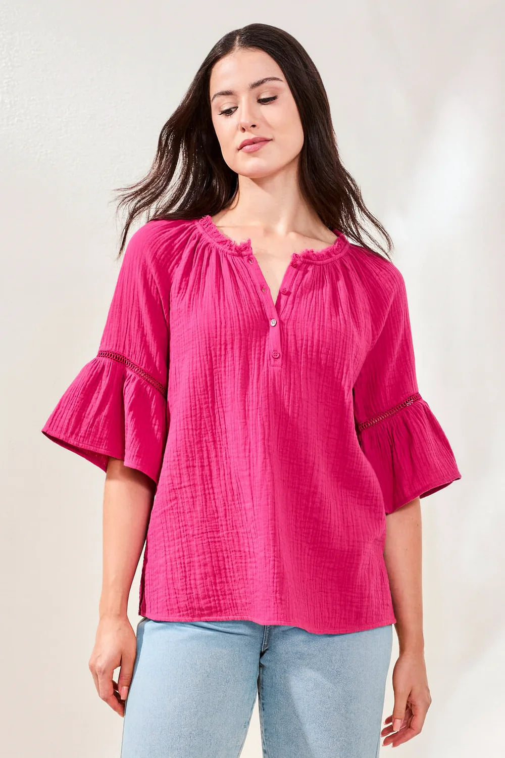 Split Neck Bell Sleeve Top