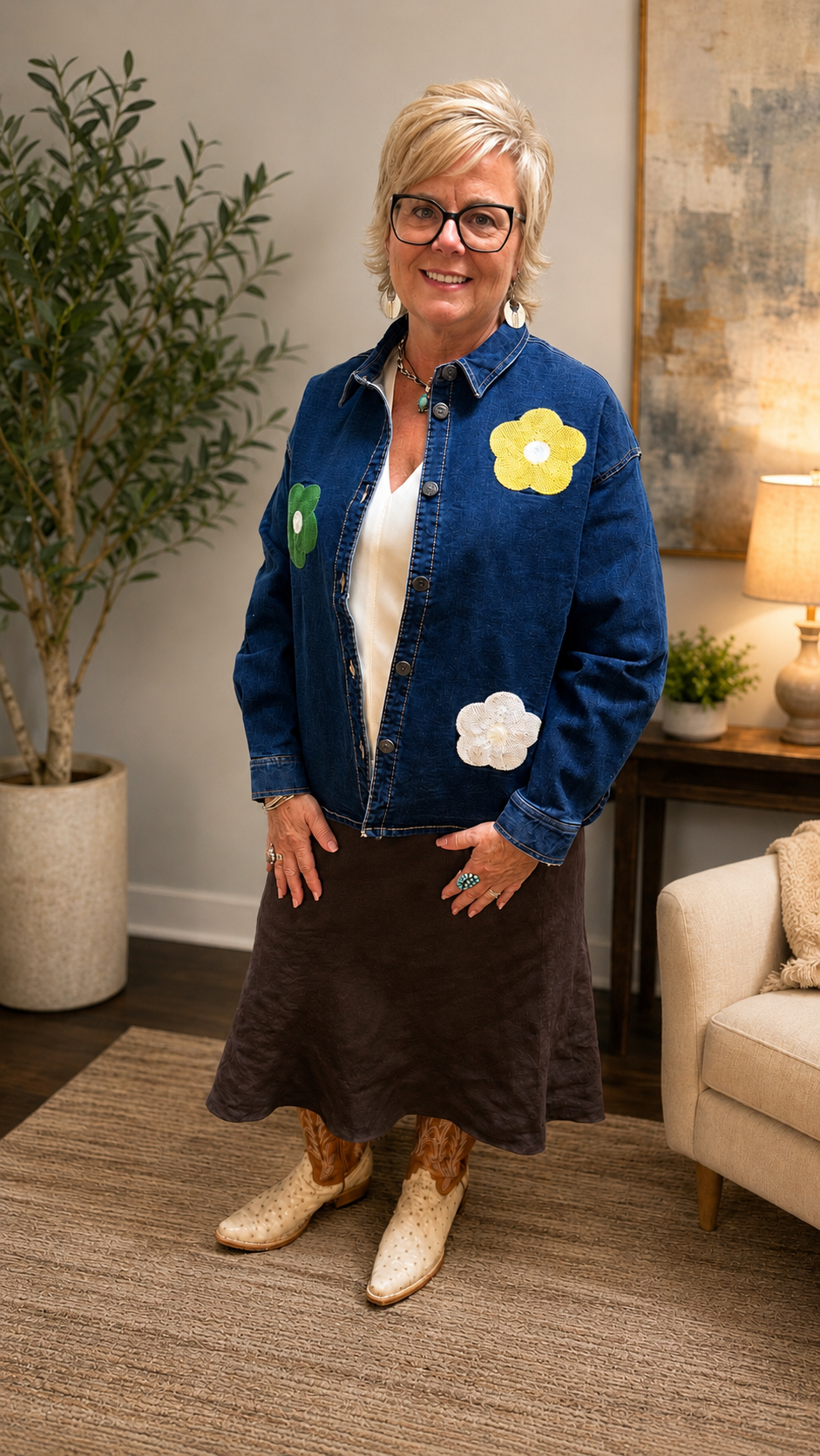 Embroidered Flower Denim Shirt
