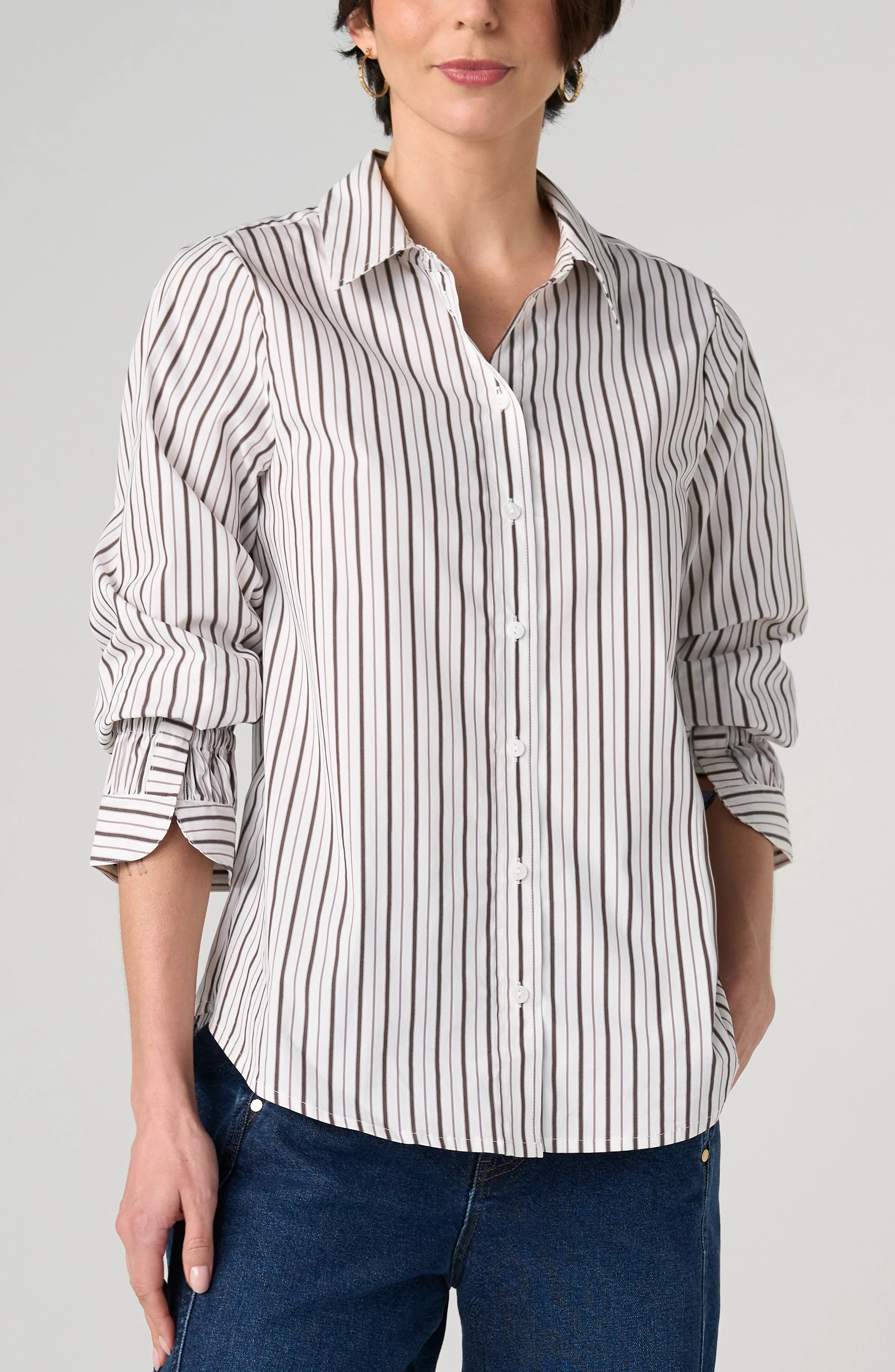 Adjustable Sleeve Button Front Woven Top