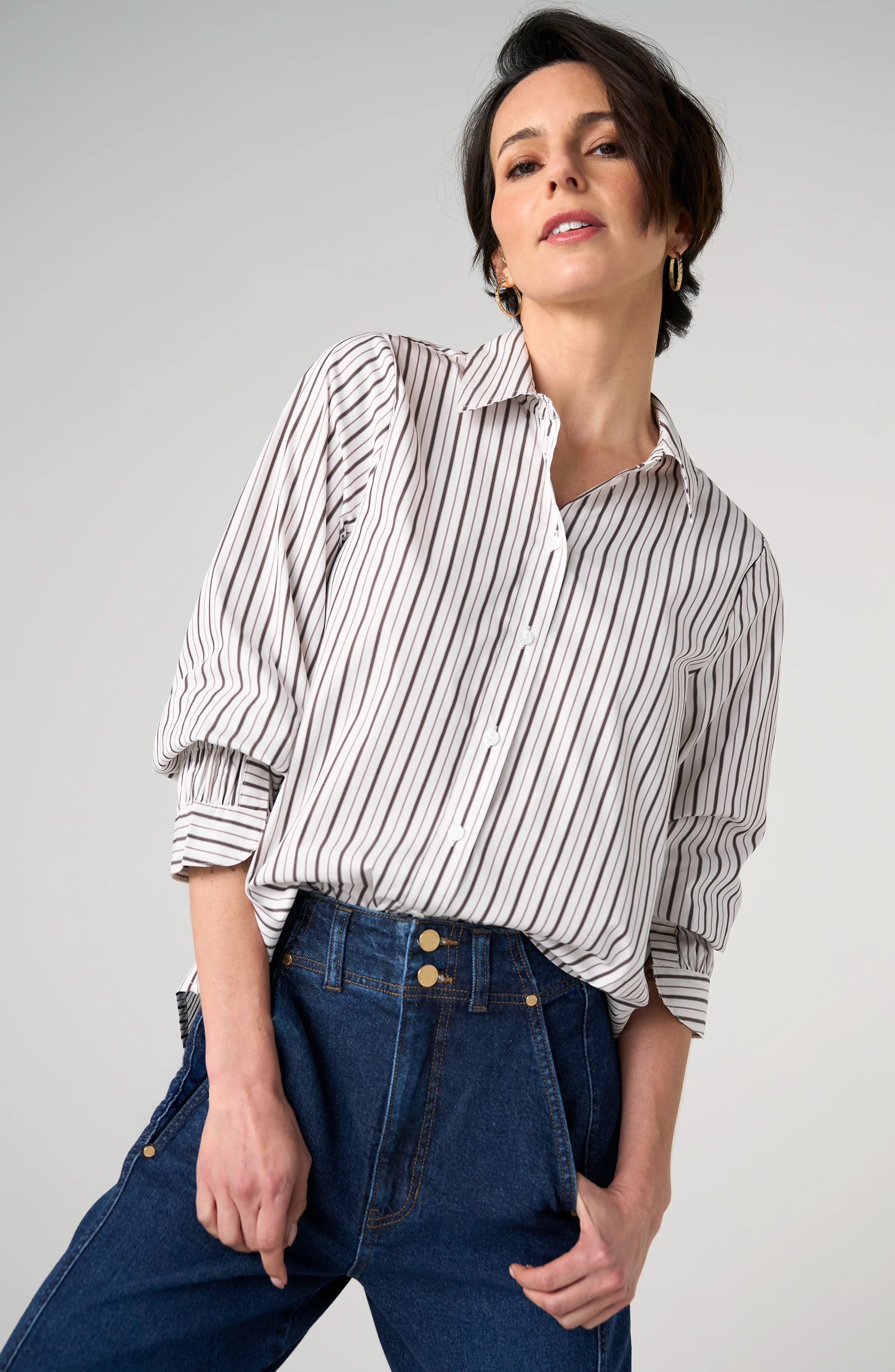 Adjustable Sleeve Button Front Woven Top