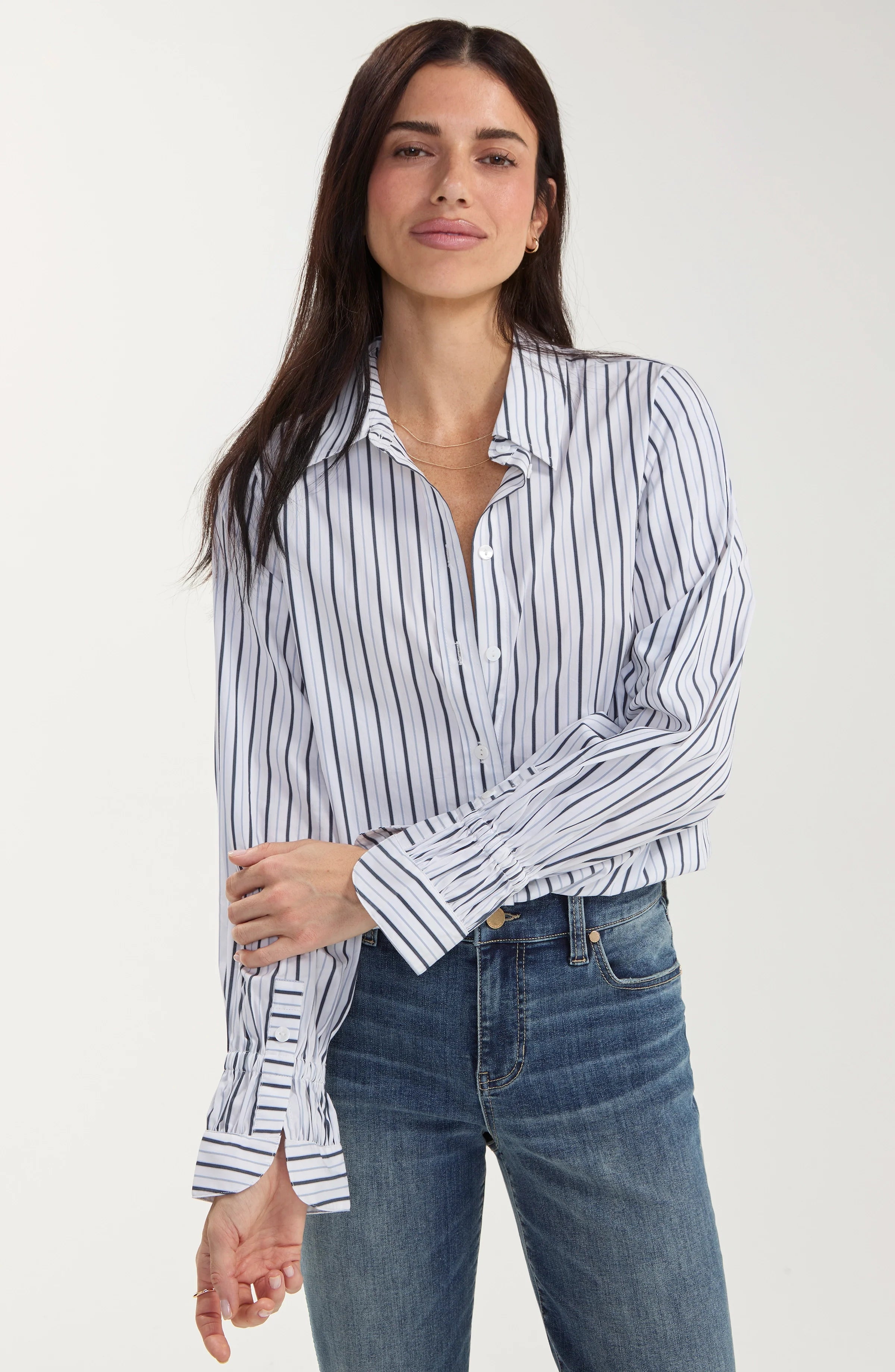 Adjustable Sleeve Button Front Woven Top