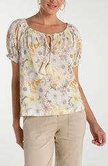 Floral Woven Top w Tassel Tie