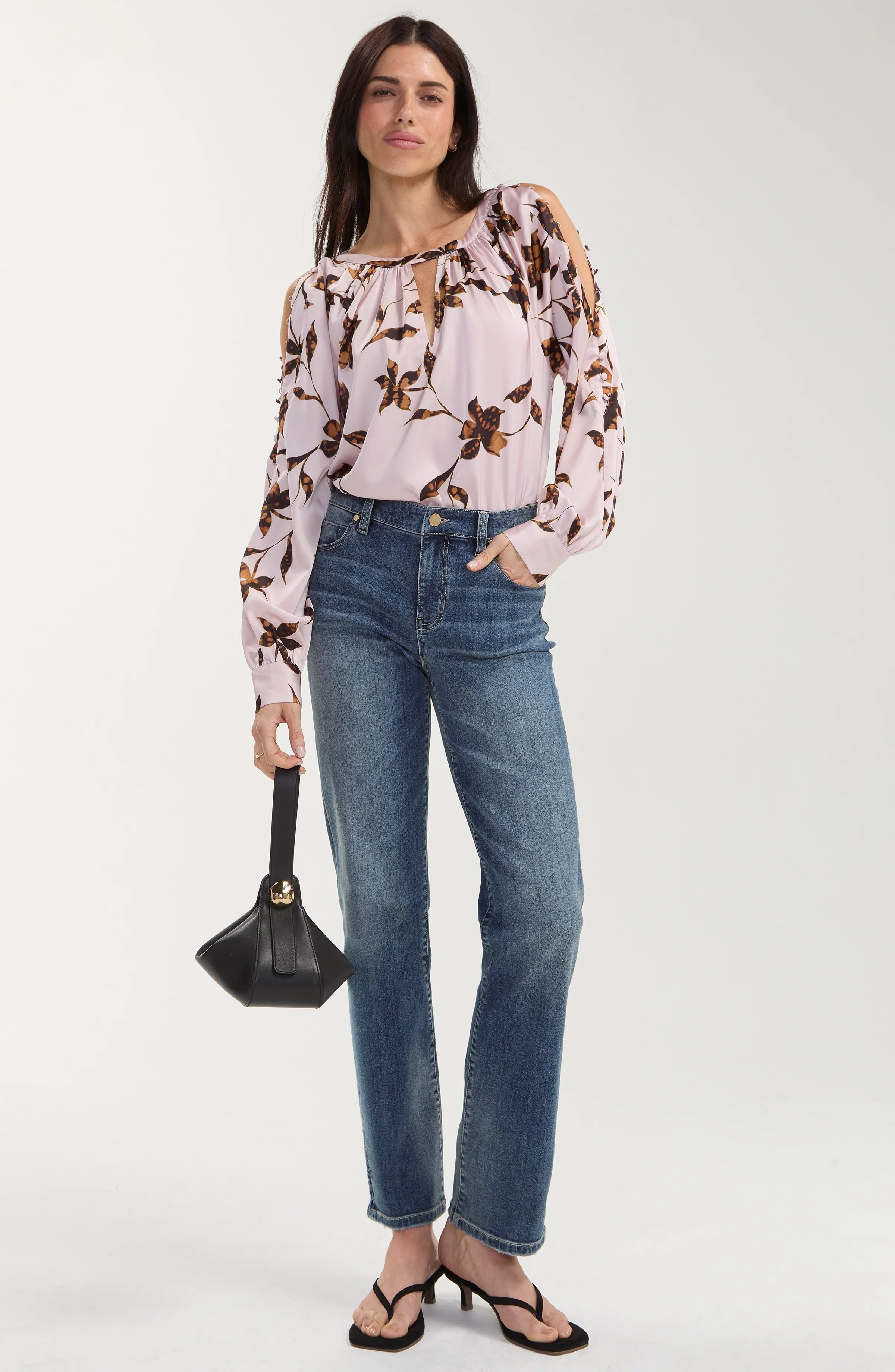 Long Sleeve Woven Blouse W/ Button Detail