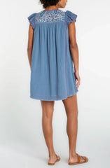 Embroidered Flutter Sleeve V-neck  Dress