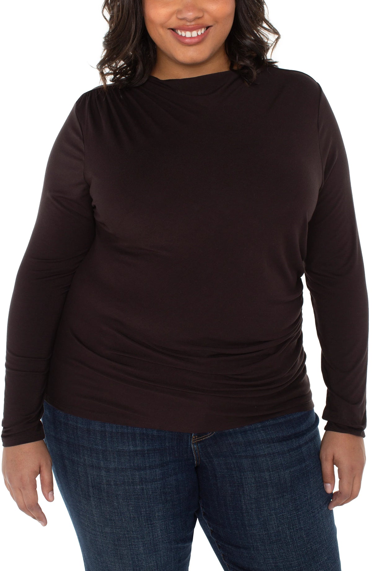 Long Sleeve Mock Neck Knit Top W/ Shirring