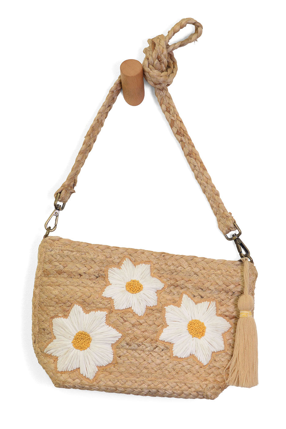 Daisy Embroidered Indy Jute Crossbody With Tassel