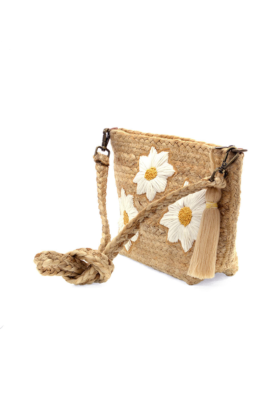 Daisy Embroidered Indy Jute Crossbody With Tassel