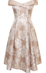 Short Printed Jacquard Off the Shoulder Dress with Full Skirt