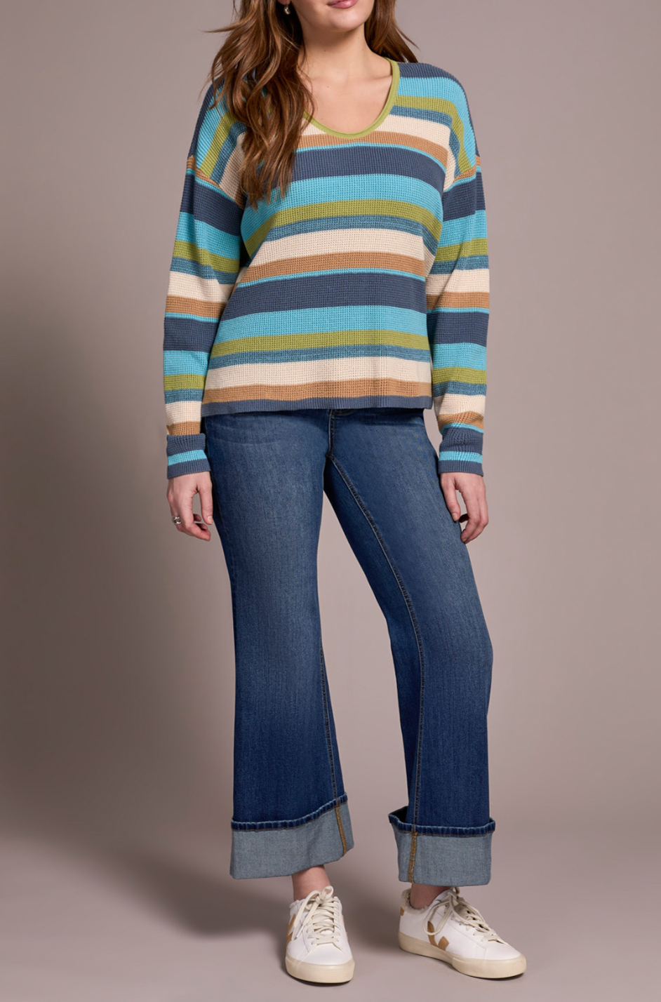 Long Sleeve U Neck Stripe Sweater