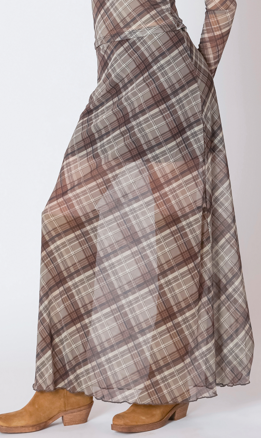 Mesh Plaid Midi Skirt