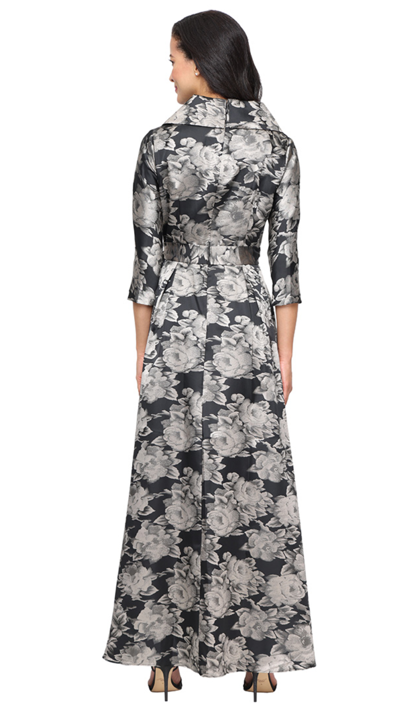 Long Printed Jacquard Portrait Collar Dress High Low Hem and Tie Belt