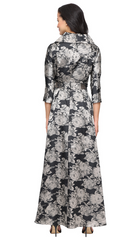 Long Printed Jacquard Portrait Collar Dress High Low Hem and Tie Belt