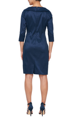 Sheath Dress With Portrait Collar, 3/4 Sleeves and Ruched Waist Detail