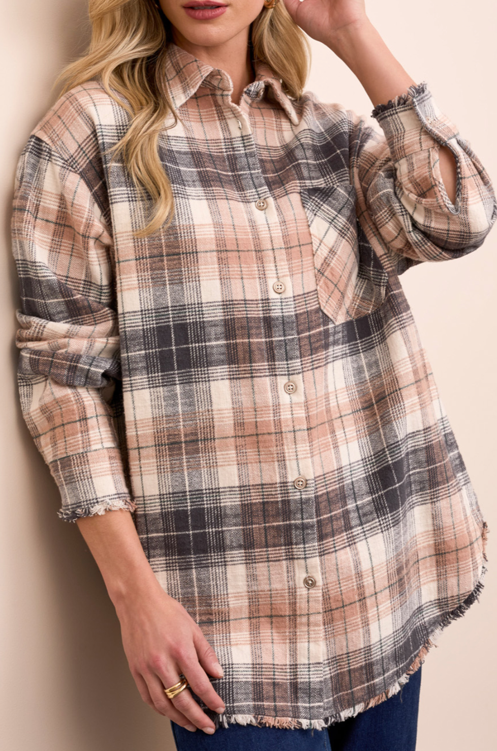 Plaid Flannel Fringe Hem Shirt
