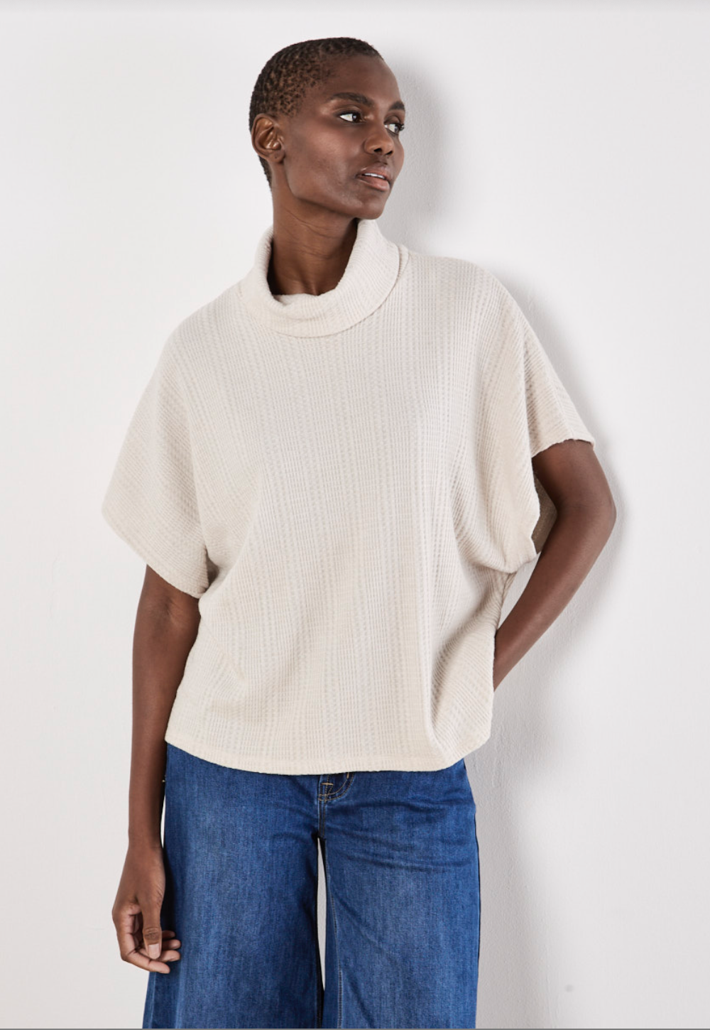 Waffle Cowl Neck Batwing Top