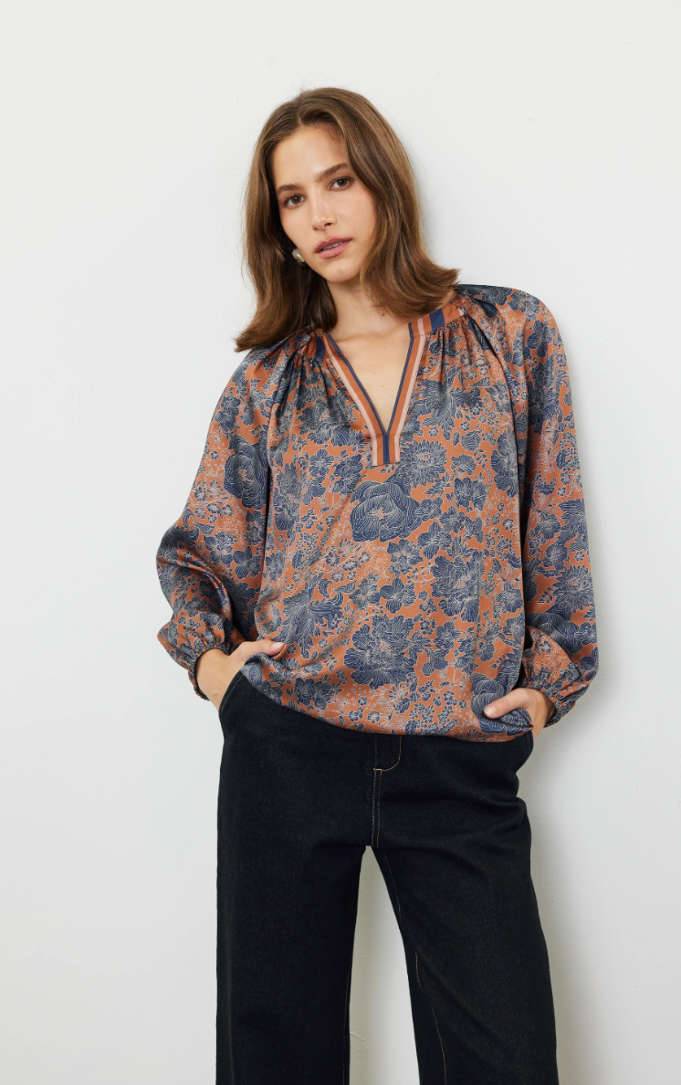 Vneck Pleated Long Sleeve Blouse