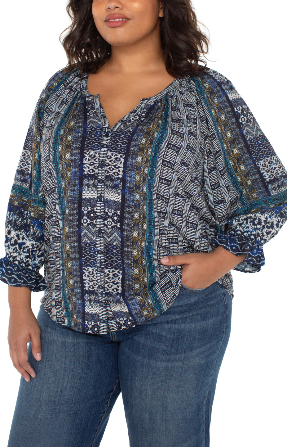 3/4 Slv Button Front Woven Blouse