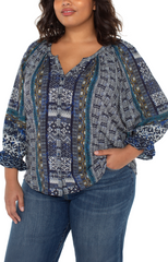 3/4 Slv Button Front Woven Blouse