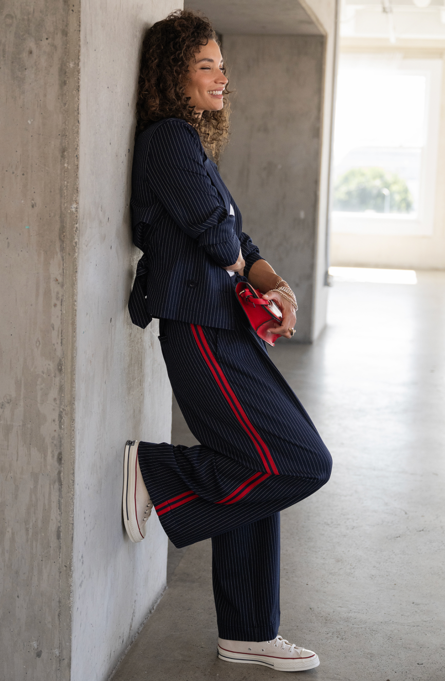 Wide Leg Pleated Trouser w/ Side Stripe