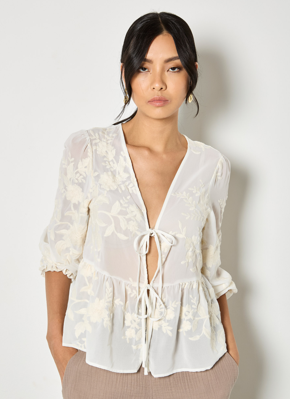 Embroidered Chiffon Peplum Top