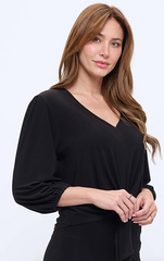Tie Front Gathered Sleeve Top