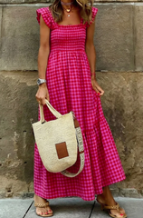 Plaid Square Neck Fit-And-Flared Vacation Sun Dress