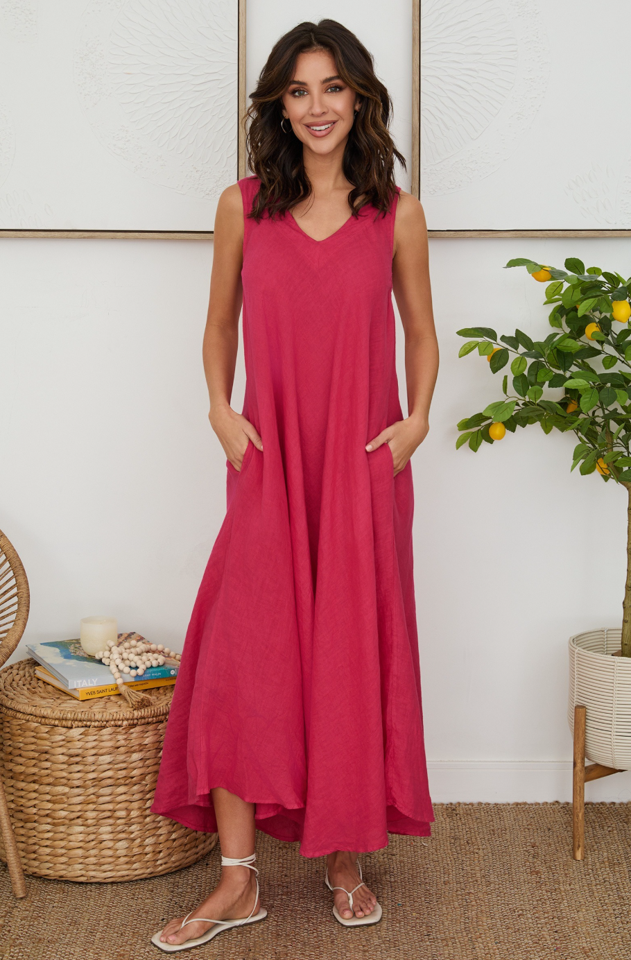 Linen V-neck Maxi Dress w/ Pockets
