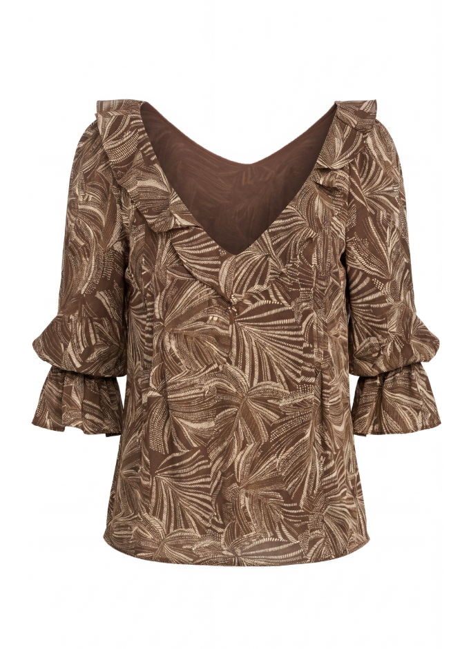 Long Sleeve Double Ruffle Vneck Woven Blouse