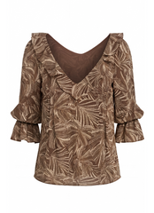 Long Sleeve Double Ruffle Vneck Woven Blouse