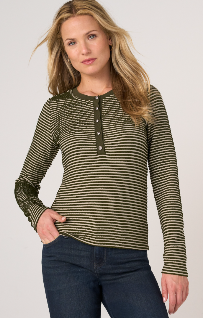 L/S Striped Henley Top w/ Sweater Trim