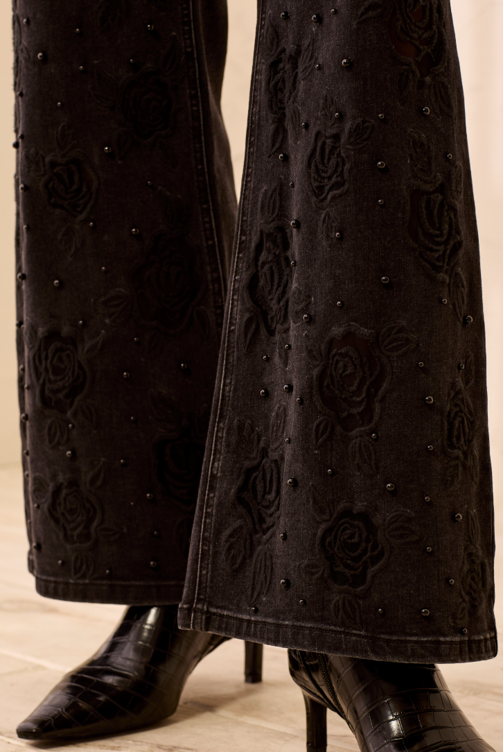 Audrey Embroidered w/ Black Pearls Denim
