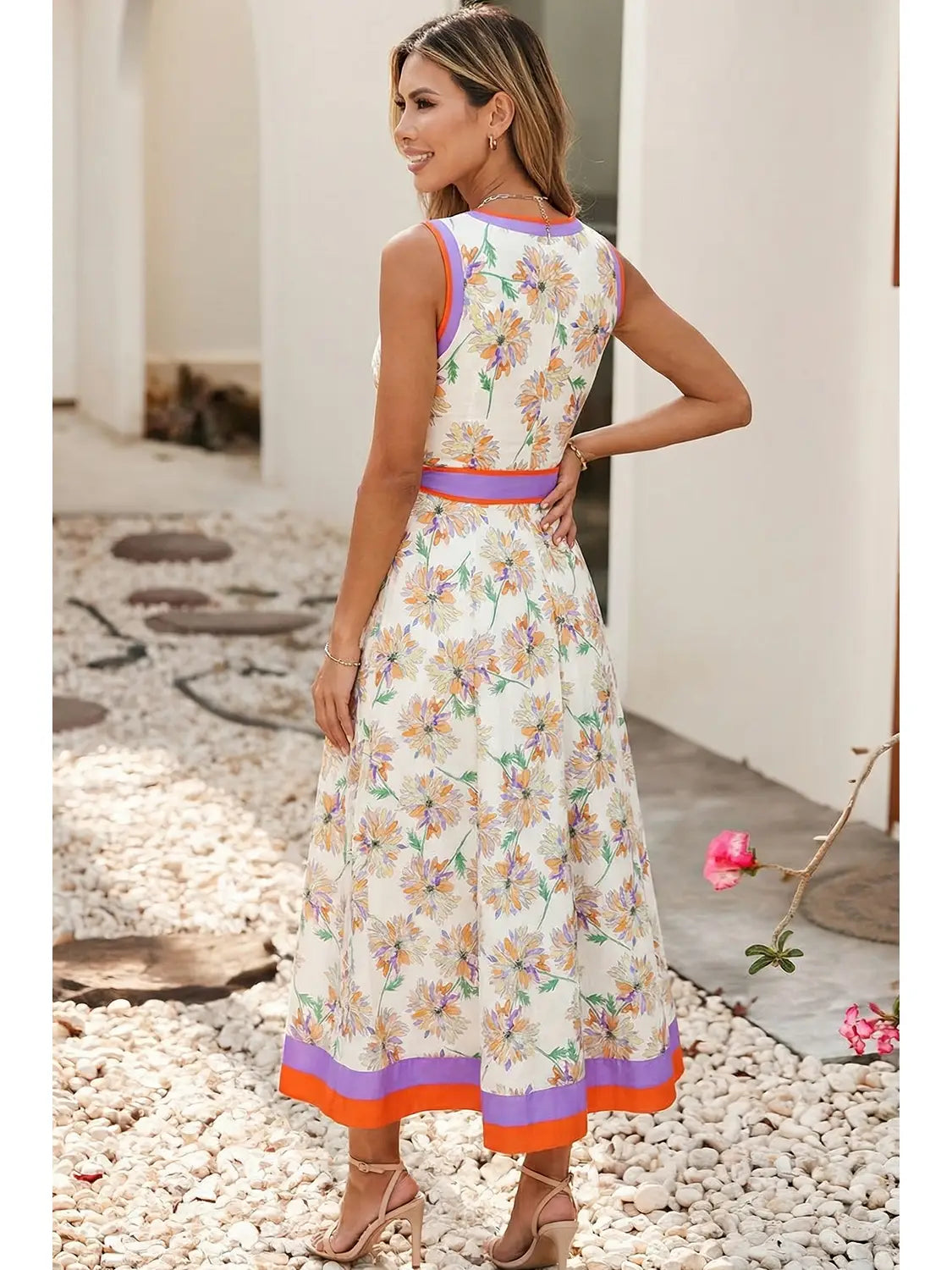 Floral Colorblock Trim Dress