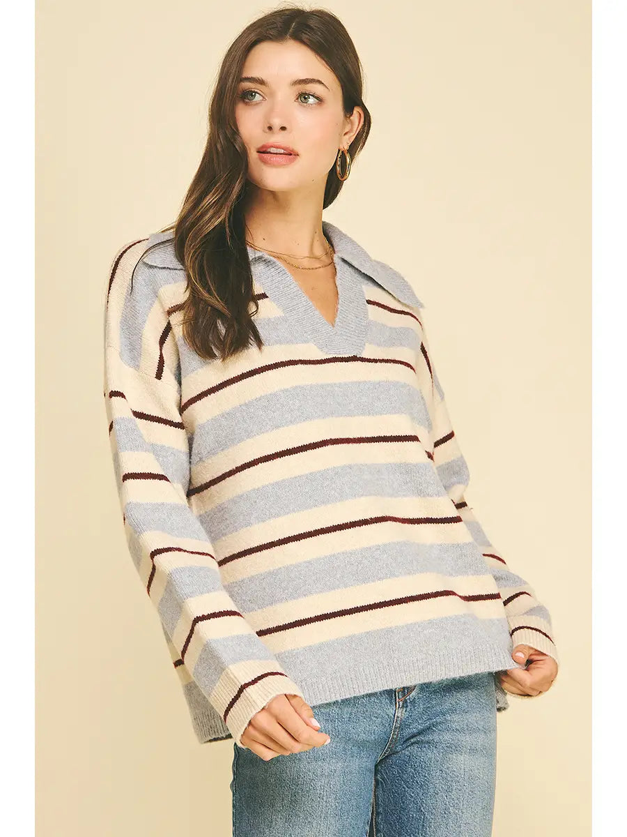 Striped Vneck Knit Sweater