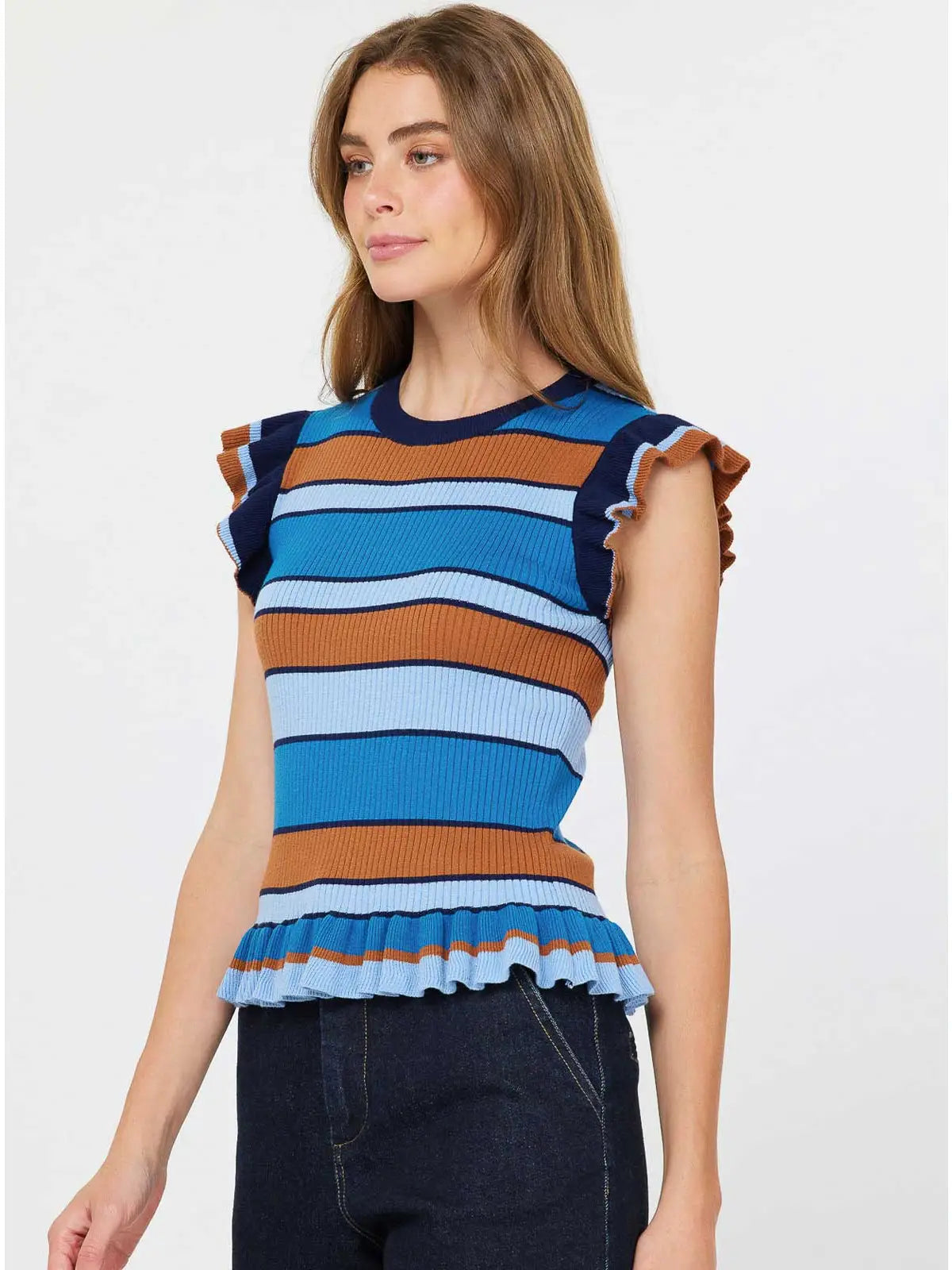 Stripped Ruffle Hem Sweater Top