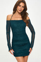 Glitter Off the Shoulder Long Sleeve Mini Dress