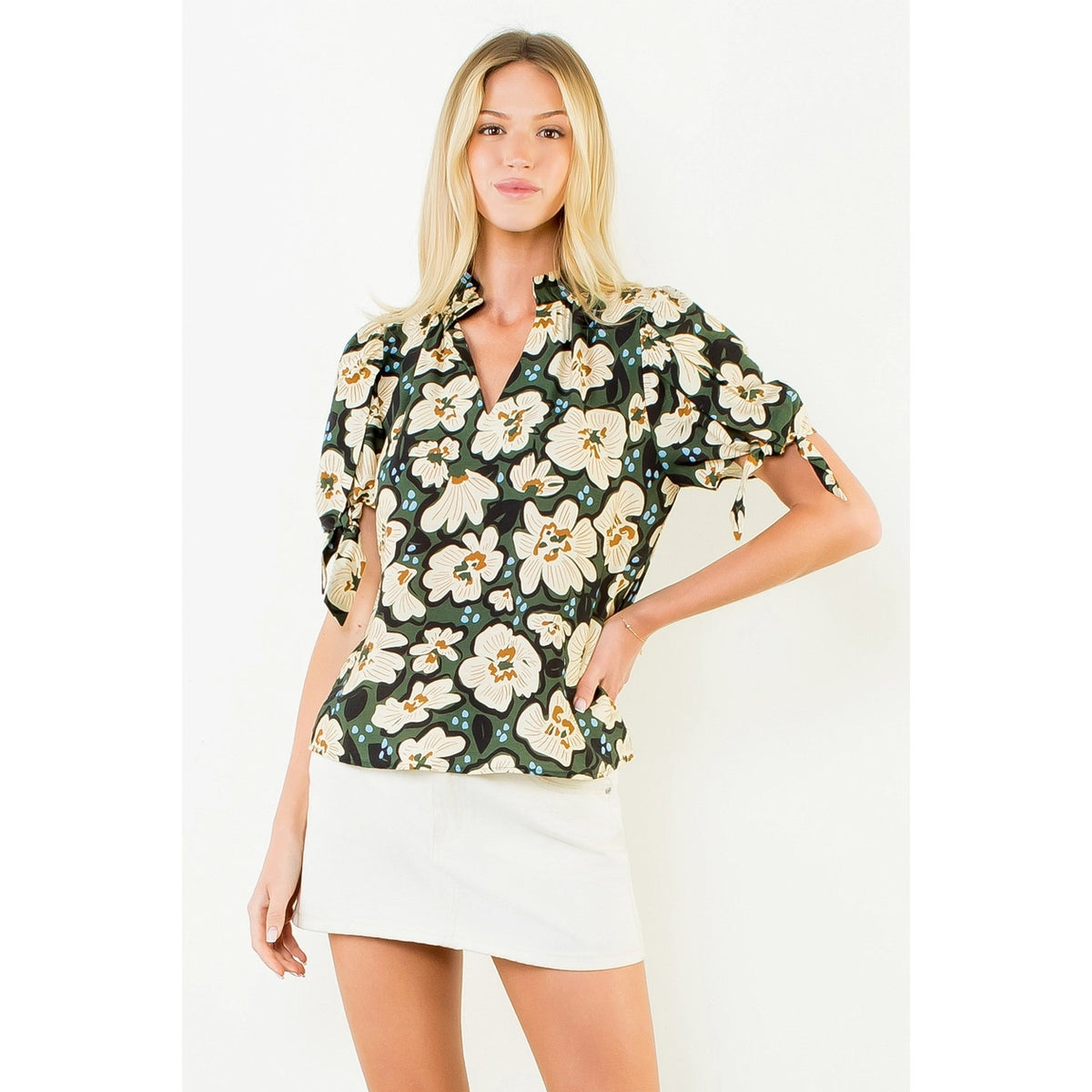 Floral Top with Bow Tie Sleeve