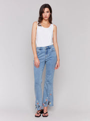 Stretch Denim Front Slit Floral Embroidered Pant