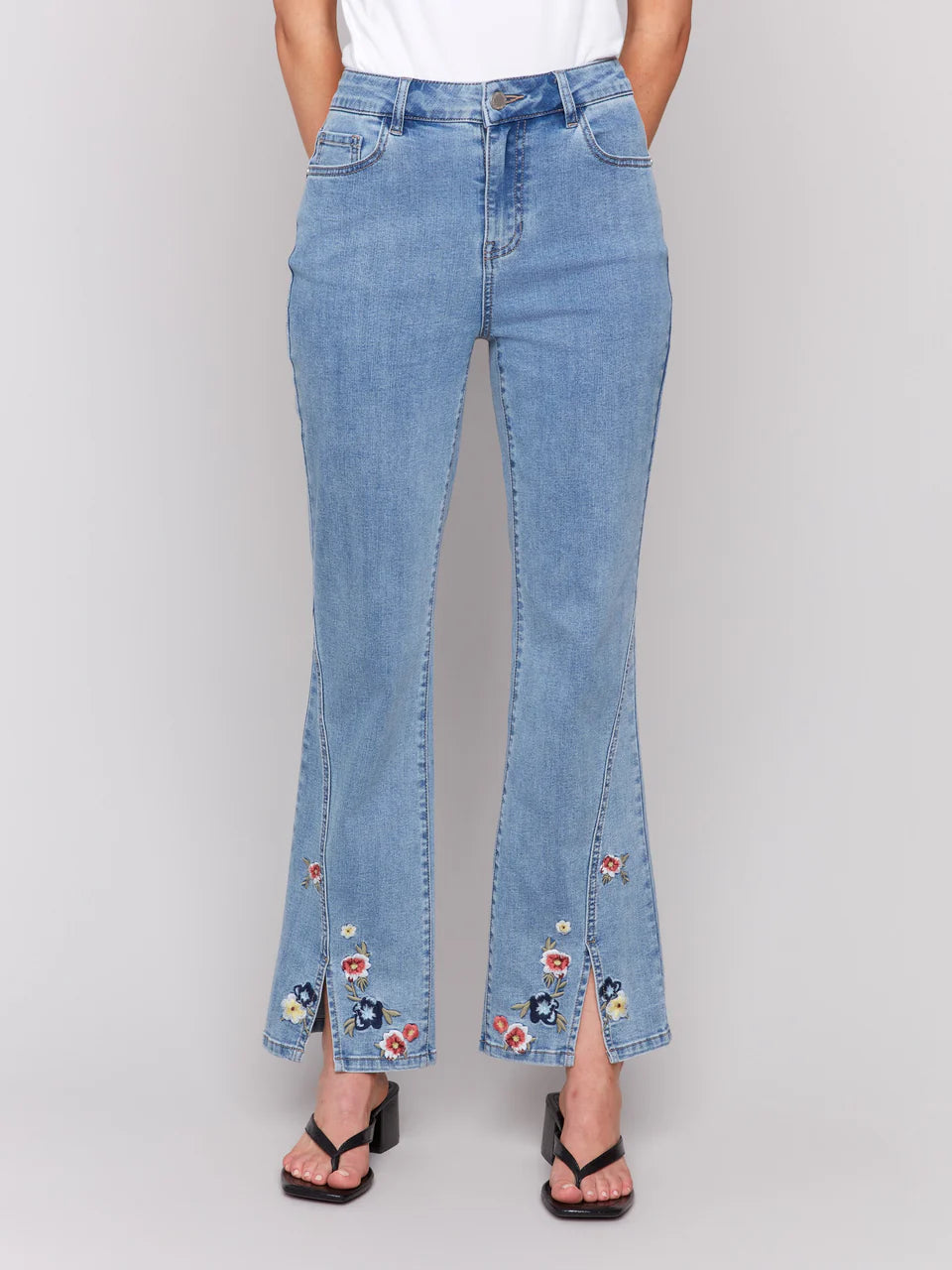 Stretch Denim Front Slit Floral Embroidered Pant