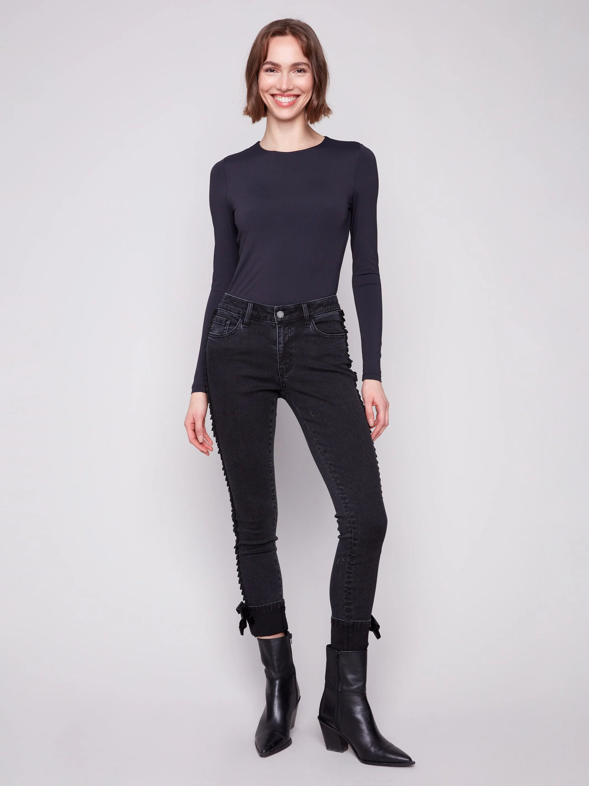 Stretch Denim with Velvet Bow Trim
