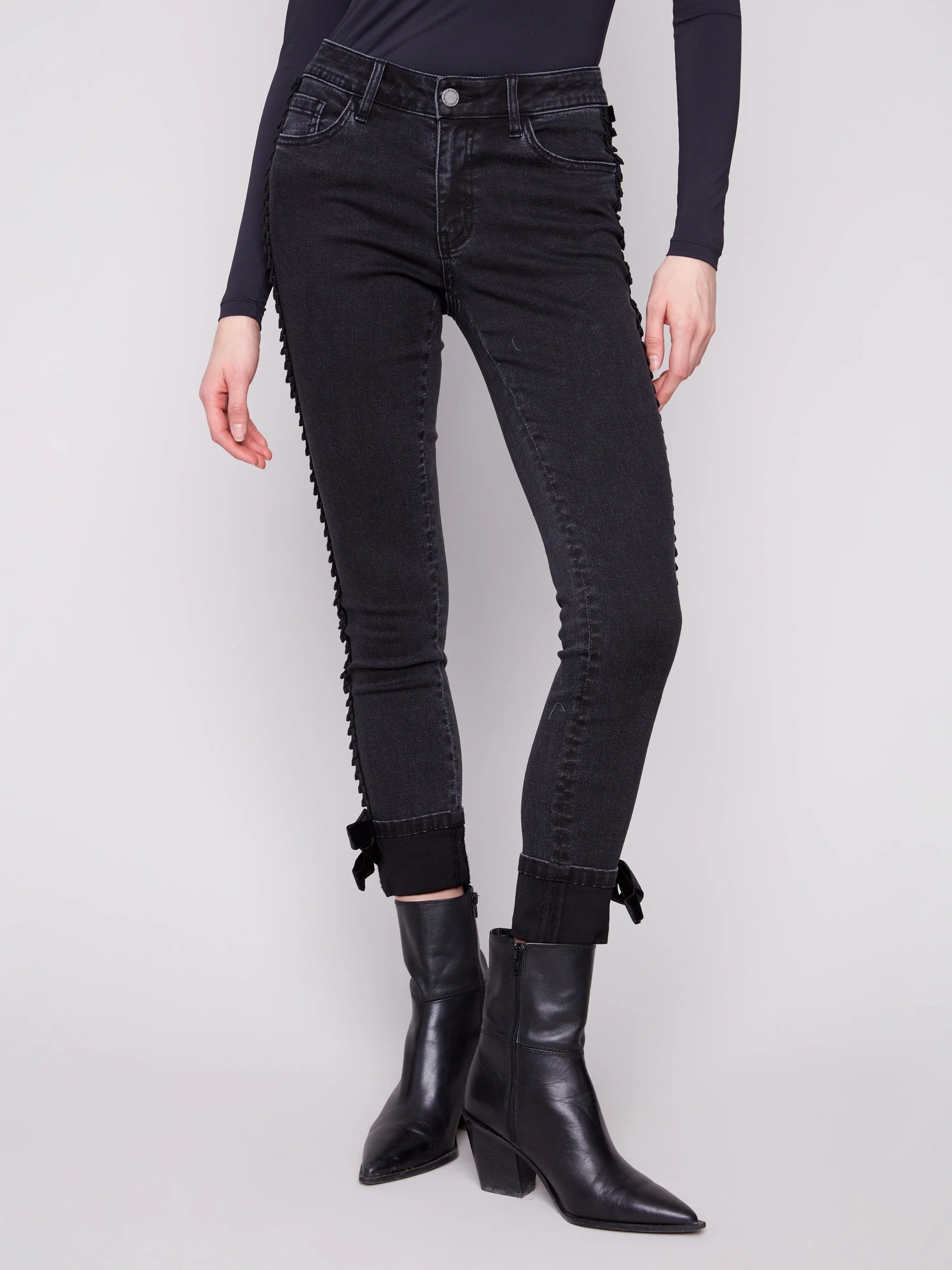Stretch Denim with Velvet Bow Trim