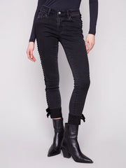 Stretch Denim with Velvet Bow Trim