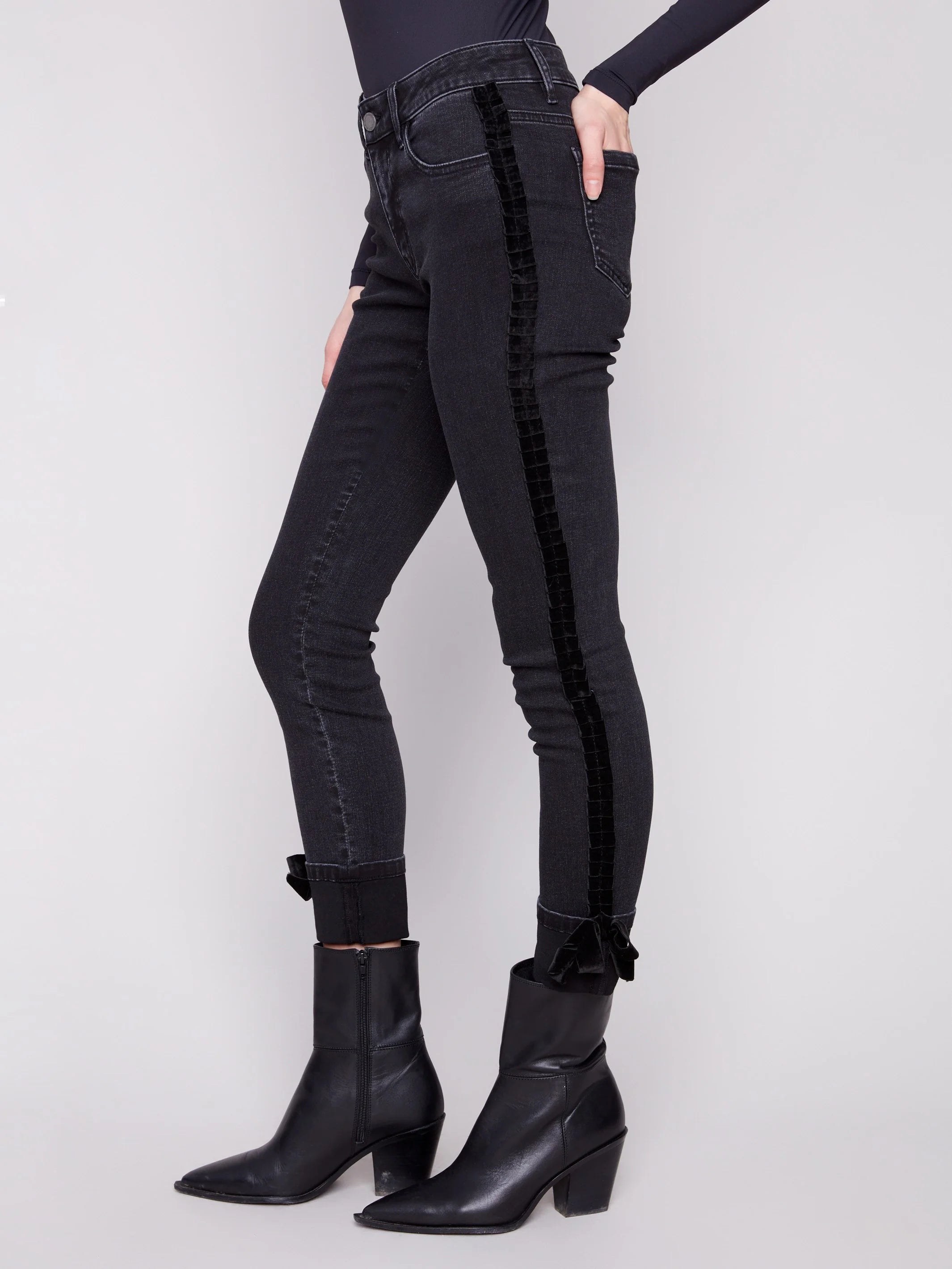 Stretch Denim with Velvet Bow Trim