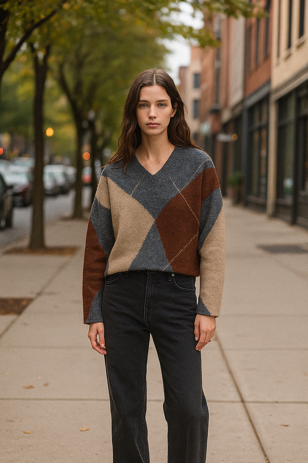 Long Sleeve Argyle Sweater