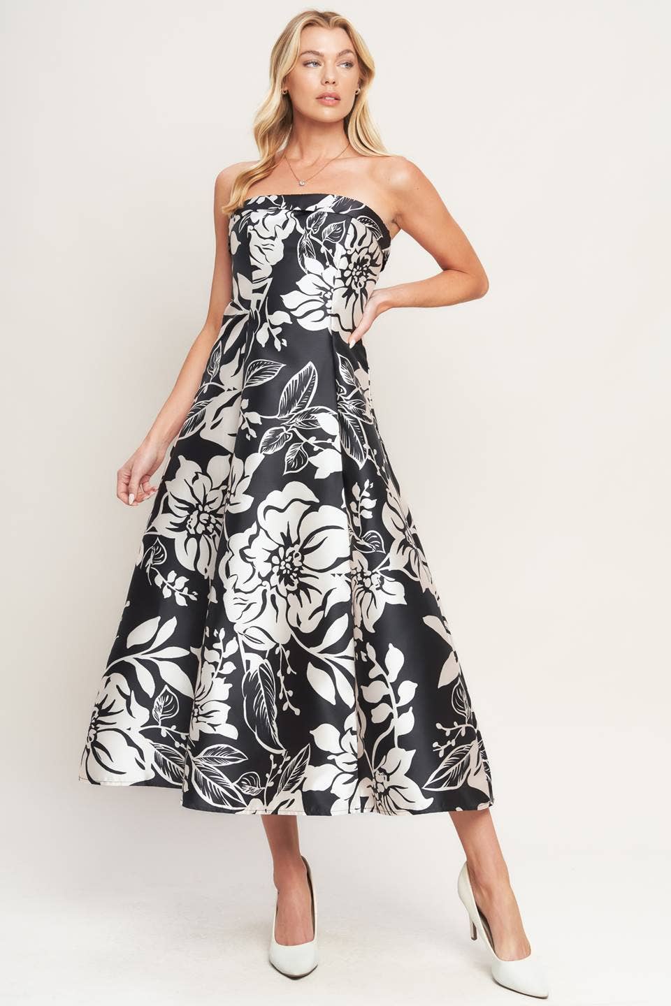 Strapless Floral Woven Midi Dress