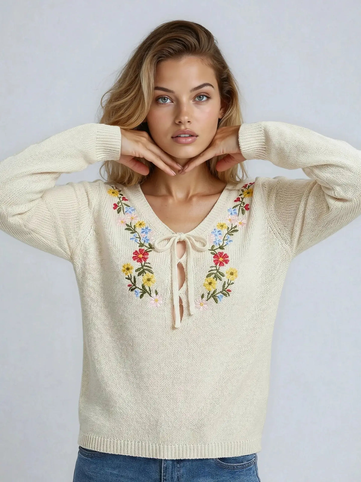 Floral Embroidered V-Neck Sweater