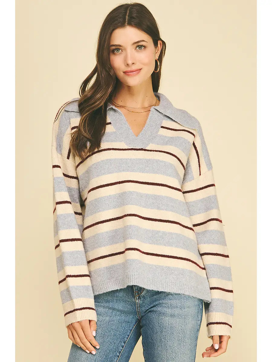 Striped Vneck Knit Sweater