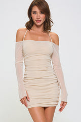 Glitter Off the Shoulder Long Sleeve Mini Dress