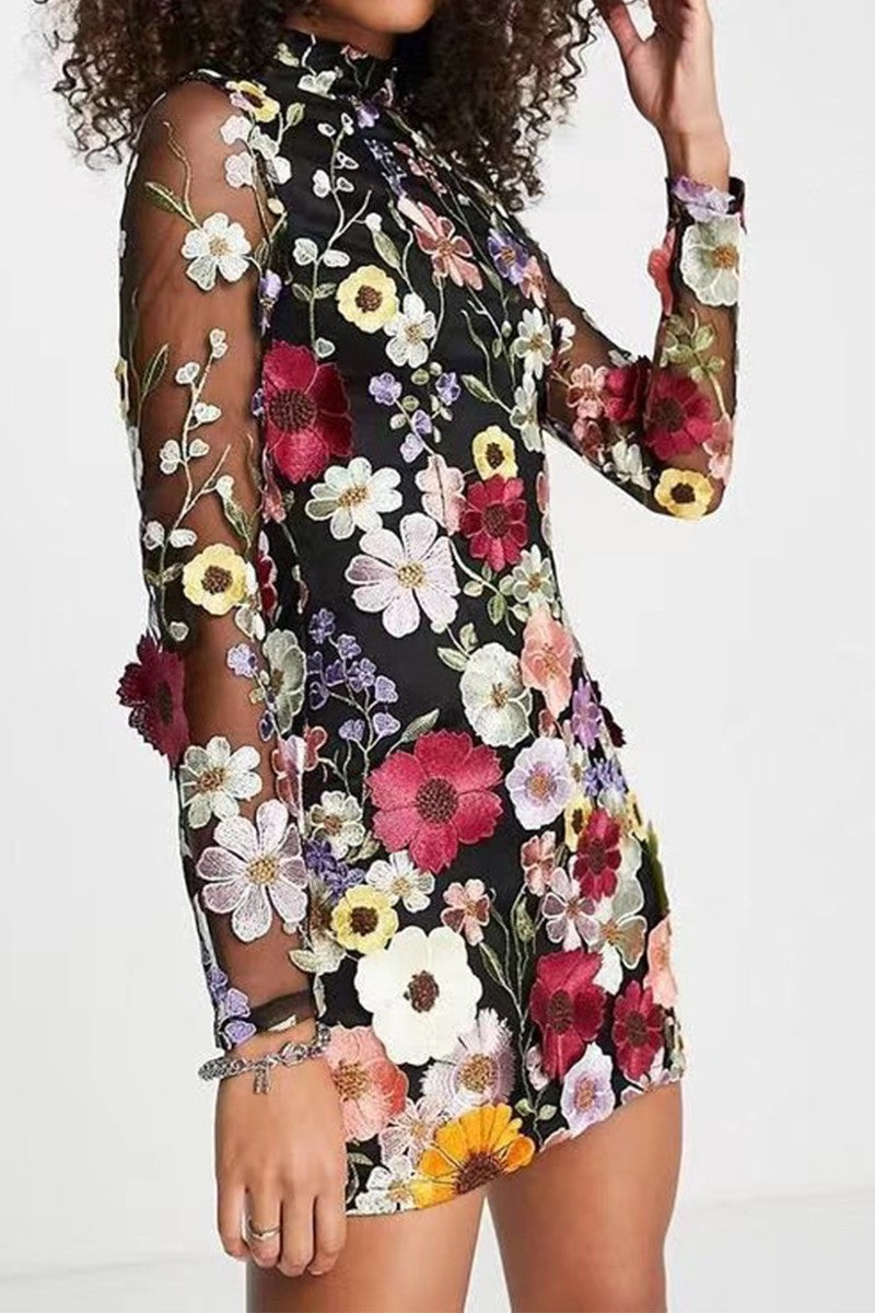 Longsleeve Mini Floral Tulle Dress